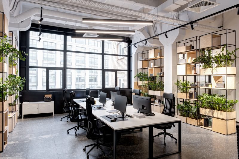 Brickworks + Loft open office view by Reschka Design Build