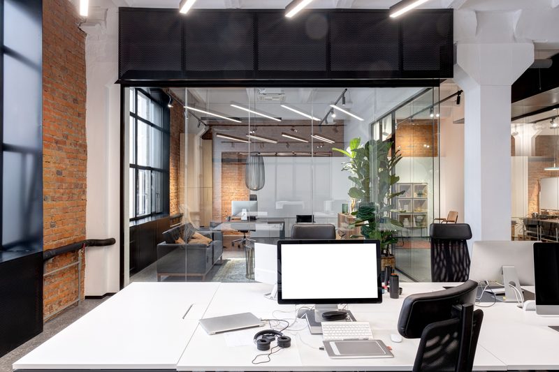 Brickworks + Loft workspace closeup by Reschka Design Build